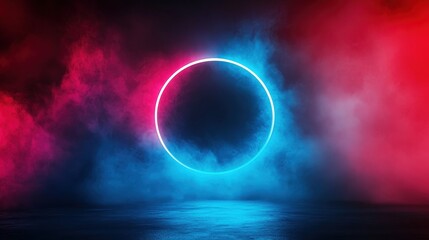Vibrant neon circle illuminated by colorful fog in a dark setting