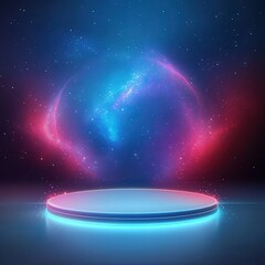 Vibrant cosmic stage with glowing lights and starry background for creative displays