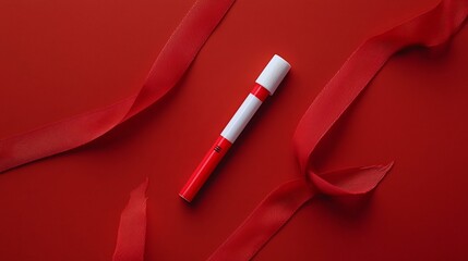 Red AIDS awareness ribbon and HIV test kit on a vibrant red background symbolizing the importance of prevention early detection and support for those affected by the HIVAIDS pandemic