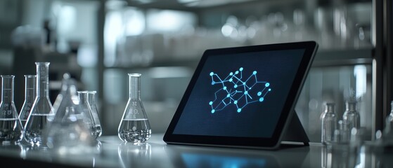 Fototapeta premium A tablet displaying a network diagram in a laboratory setting with glassware.
