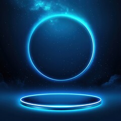 Circular neon light display against a starry backdrop at night