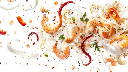 A mid-air explosion of Asian cuisine ingredients, including noodles, shrimp, chilies, and peanuts, against a white background.