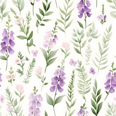 A beautiful floral pattern featuring a variety of purple flowers and green leaves, set against a light background.