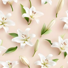 Fototapeta premium A serene flat lay featuring blooming white lilies and buds against a soft pastel background, creating an elegant floral arrangement.