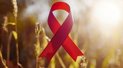 Red Ribbon on Peaceful Nature Background Symbolizing HIVAIDS Awareness Care and Support for the Community