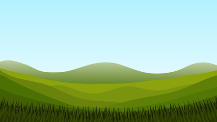 green nature scene background. grass hill with mountain and blue sky 