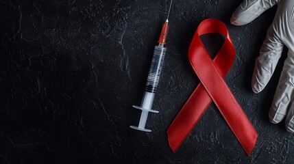 Red ribbon syringe and medical gloves displayed together symbolizing healthcare support advocacy and awareness for World AIDS Day  The image conveys the importance of disease prevention education