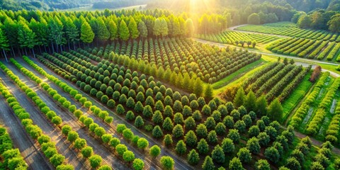 Aerial View of Lush Forest Cultivation with Young Tree Seedlings in Rows, Showcasing Sustainable Forestry Practices and Nature Conservation Efforts in a Vibrant Landscape