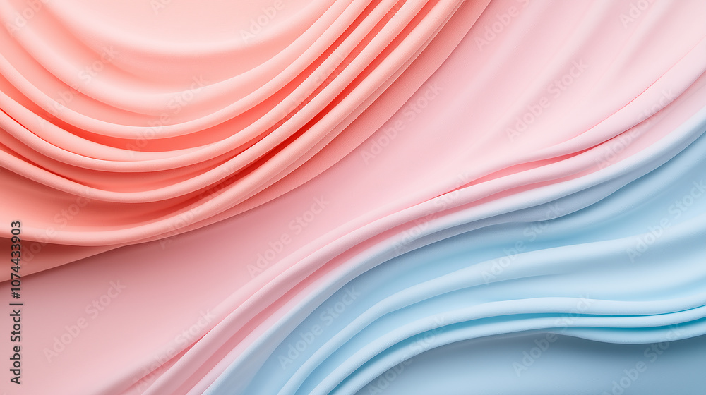 Poster Soft pastel fabric drapes in gentle waves of pink and blue, creating serene and calming atmosphere. smooth texture and flowing lines evoke sense of tranquility and elegance