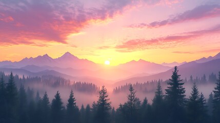 Obraz premium Sun Setting Over Misty Mountain Range with Pine Trees