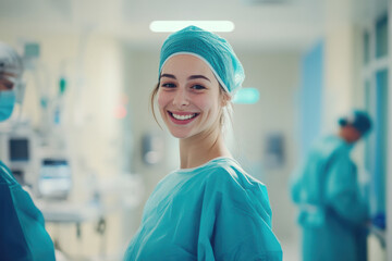Confident young female healthcare professional smiling in modern hospital environment