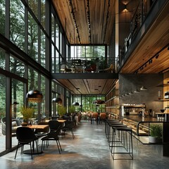 Naklejka premium High End Cafe Overlooking the Forest with Modern, Cozy Interiors