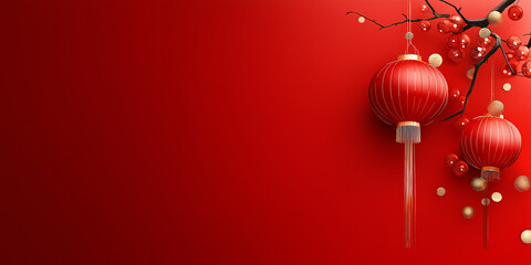 Red lanterns hanging on red background with cherry blossoms and gold particles create festive atmosphere
