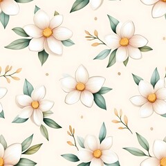 Obraz premium A soft, pastel floral pattern featuring white flowers and green leaves on a light background, perfect for home decor and textile designs.