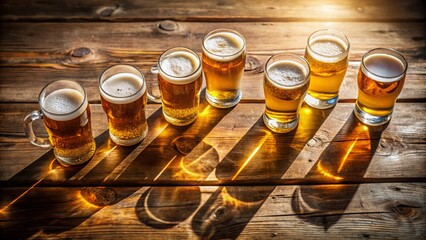 Aerial View of Rows of Glasses Filled with Beer on a Wooden Table, Capturing the Golden Hues and Bubbly Texture for a Perfect Summer Gathering Atmosphere