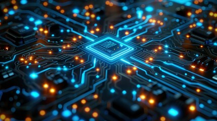 Obraz premium Close-up View of a Complex Circuit Board with Glowing Electric Components Representing Advanced Technology and Digital Innovation in Modern Electronics