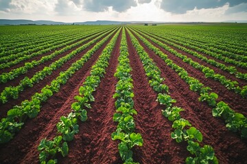 Fototapeta premium An aerial view of the perfect rows of sown crops. Generative AI