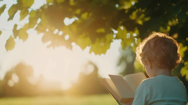 Serene moment of young boy immersed in reading under summer tree canopy, perfect for education marketing, library promotions, and literacy campaign content