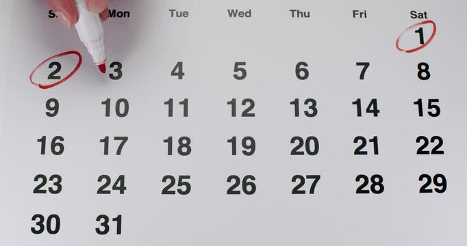 A calendar displaying a full month with several dates circled in red, indicating important deadlines or events. Each circled date suggests significance and preparedness.