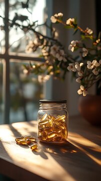 Elegant glass jar of coenzyme Q10 supplement on a warm wooden table, illuminated by soft sunlight, with natural plant elements in the background, leaving room for text