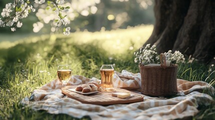 A picnic basket with wine and bread sits on a blanket under a blooming tree in a park.