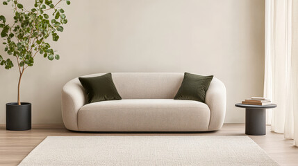 Modern living room interior featuring a stylish sofa and decorative plants in a bright space