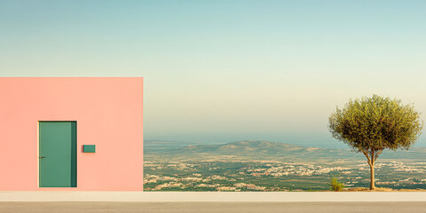 Fototapeta premium A minimalist pink house with a green door beside a solitary tree overlooking a vast landscape
