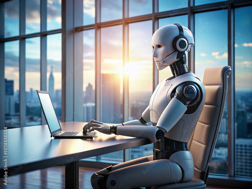 Poster ai-powered robot working at modern office desk, showcasing the future of intelligent automation and 