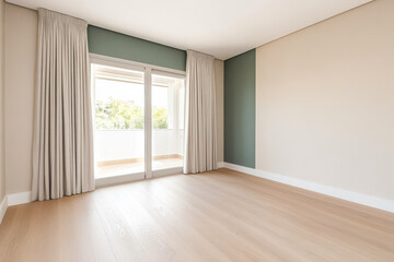 Fototapeta premium Bright and spacious empty room with large windows and light wood flooring in a modern home