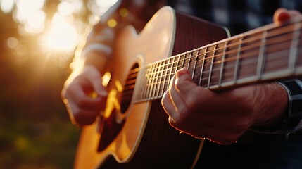 Obraz premium Acoustic guitar close-up, focusing on strings and fretboard, soft lighting