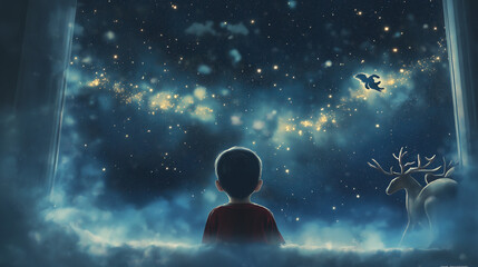 Magical Night Sky with Child Watching Santa and Reindeer from Window - Christmas Fantasy Scene