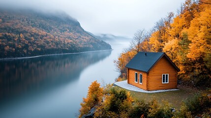 Fototapeta premium A cozy wooden cabin nestled amongst the vibrant maple trees with a clear view of the majestic Saint Lawrence River in Quebec, Canada.