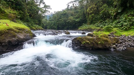 Fototapeta premium Foamy Rapids in a Lush Rainforest