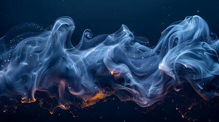 Abstract Background with Swirling Blue Smoke and Golden Glitter