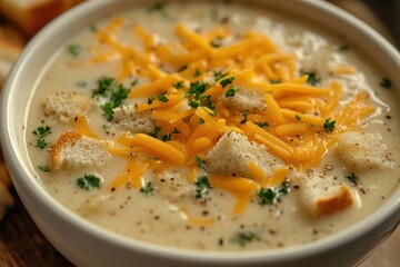 A close-up photo of creamy soup. This photo is perfect for illustrating recipes and food blogs, especially for those who like comfort food and delicious soup recipes.