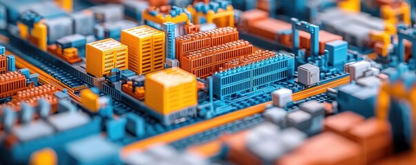 Obraz premium Colorful miniature model of an industrial city layout with buildings and factories.