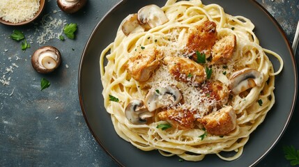 Fototapeta premium A plate of creamy fettuccine pasta with chicken, mushrooms, and parmesan cheese.