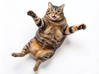 A Quality Stock Photograph of a Joyful Fat Cat Leaping in the Air Against a Clean White Background for Pet Lovers and Animal Enthusiasts