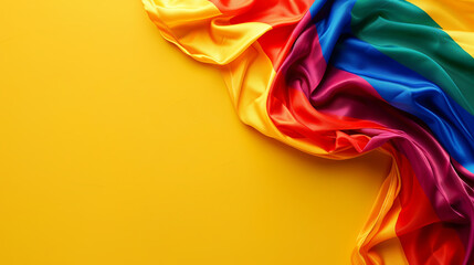 LGBT rainbow flag flat lay on yellow color background. gay marriage, human rights, june parade