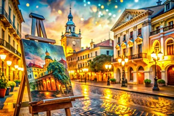 Fototapeta premium Architectural Photography of a Beautiful Watercolor Painting Portrait Set Against an Elegant Urban Backdrop, Blending Artistic Vibes with Modern Structures, Ideal for Art Enthusiasts