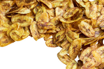 Kerala chips or Banana chips, Honey Baked Banana Slices on white background.