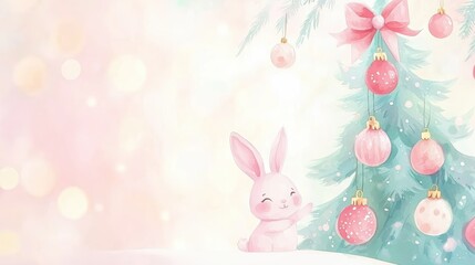 Obraz premium Whimsical Watercolor Winter Wonderland with Adorable Rabbit, Christmas Tree, and Pastel Ornaments on Blurred Background