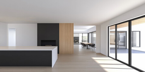 Fototapeta premium Modern open-concept living space with minimalist design and abundant natural light