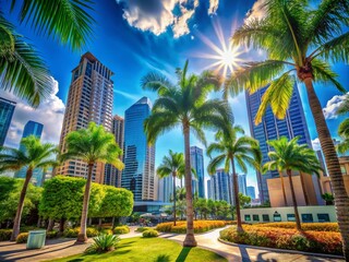 Fototapeta premium Architectural Photography of a Modern Tropical Oasis Featuring Clipart Palm Trees Against a Sleek Urban Skyline Backdrop, Perfect for Relaxation and Vacation Themes