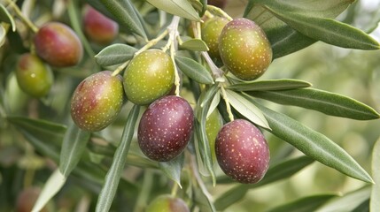 Obraz premium A close-up of olives on a branch, showcasing their colors and textures.