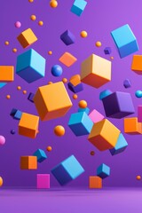 3D rendering of colorful cubes and spheres flying on a purple background. Abstract geometric composition with falling blocks in orange, blue, and violet colors.
