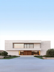 Fototapeta premium Modern architectural design featuring a minimalist house with large windows and a spacious entrance
