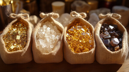 Bags of Gold, Frankincense, and Myrrh Gems in Rustic Display