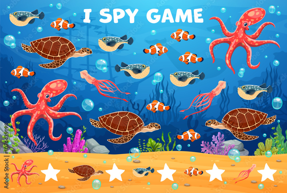 Poster cartoon sea animals on kids i spy game worksheet, vector puzzle quiz. kids i spy game to find and ma