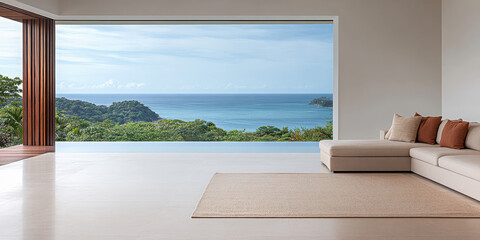 Relaxing interior view of a modern living room overlooking a tranquil ocean landscape in daylight